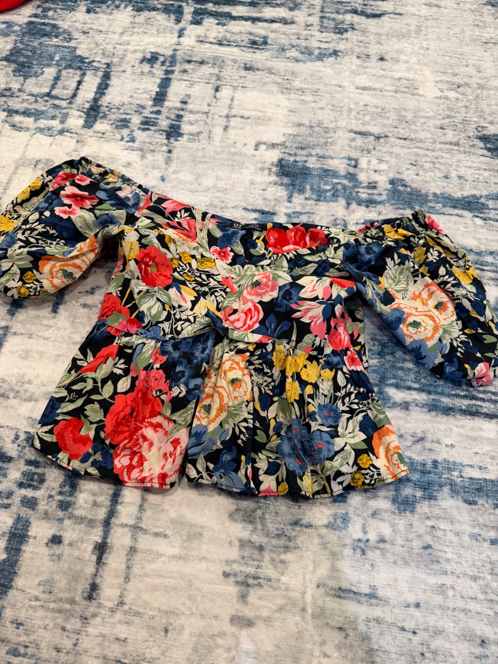 Zara Navy Off-Shoulder Floral Top with Multicolor Blooms